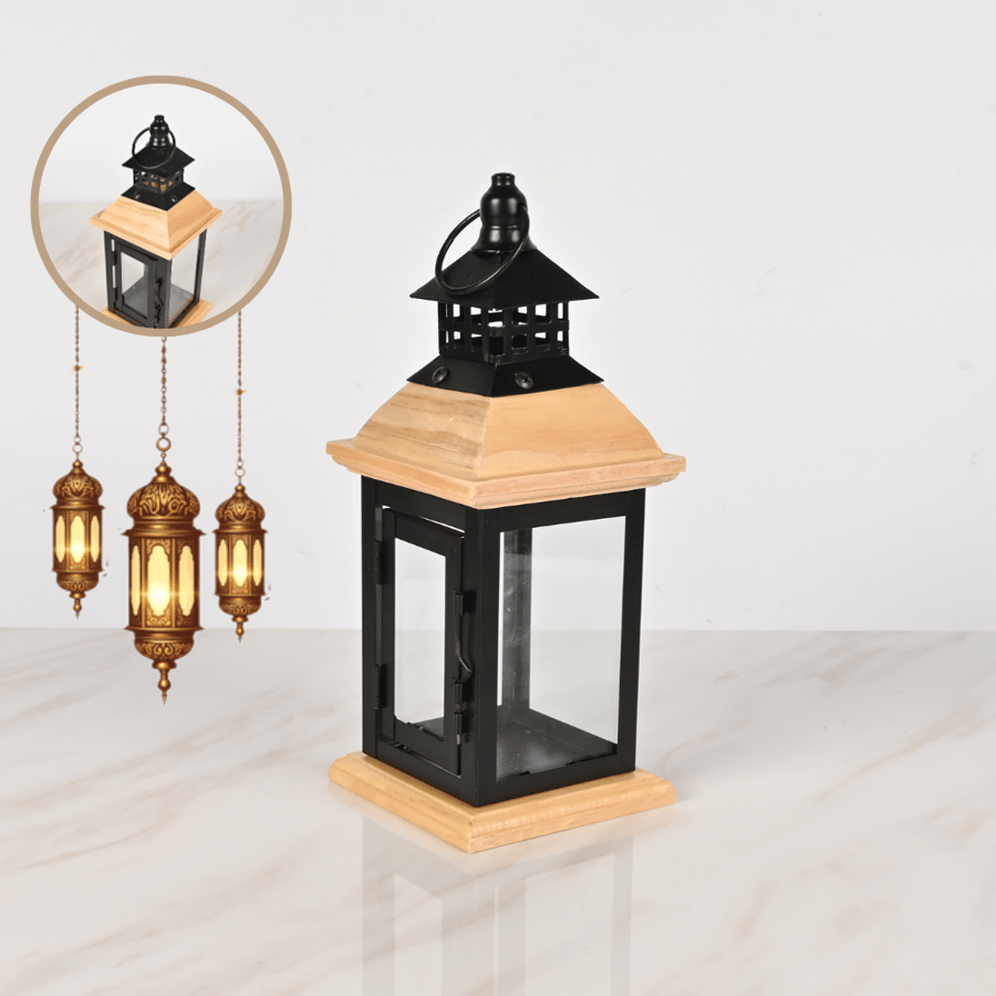 فانوس رمضان مقاس 26 سم خشب وحديد أسود مع جوانب زجاجية شفافة – تصميم أنيق للزينة والديكور