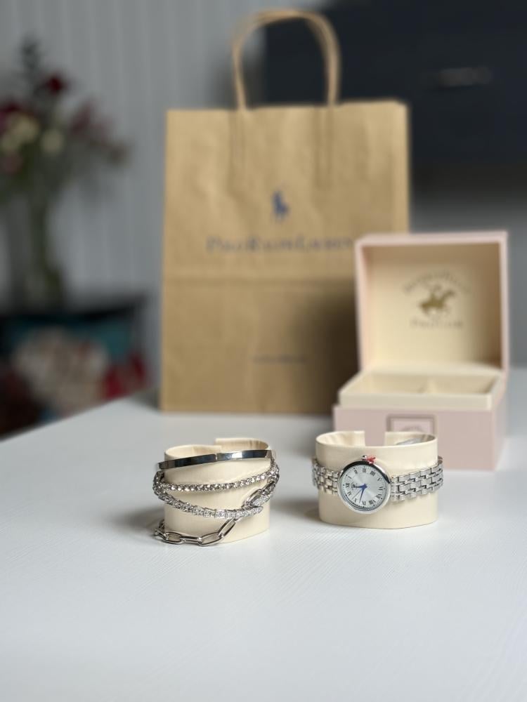 طقم ساعة بولو مع اساور وساعه فضي polo watch set silver bracelets