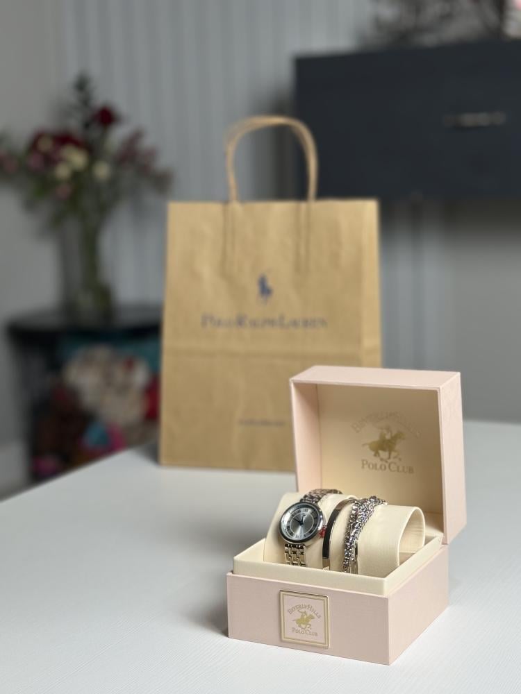 طقم ساعة بولو مع اساور وساعه فضي polo watch set silver bracelets