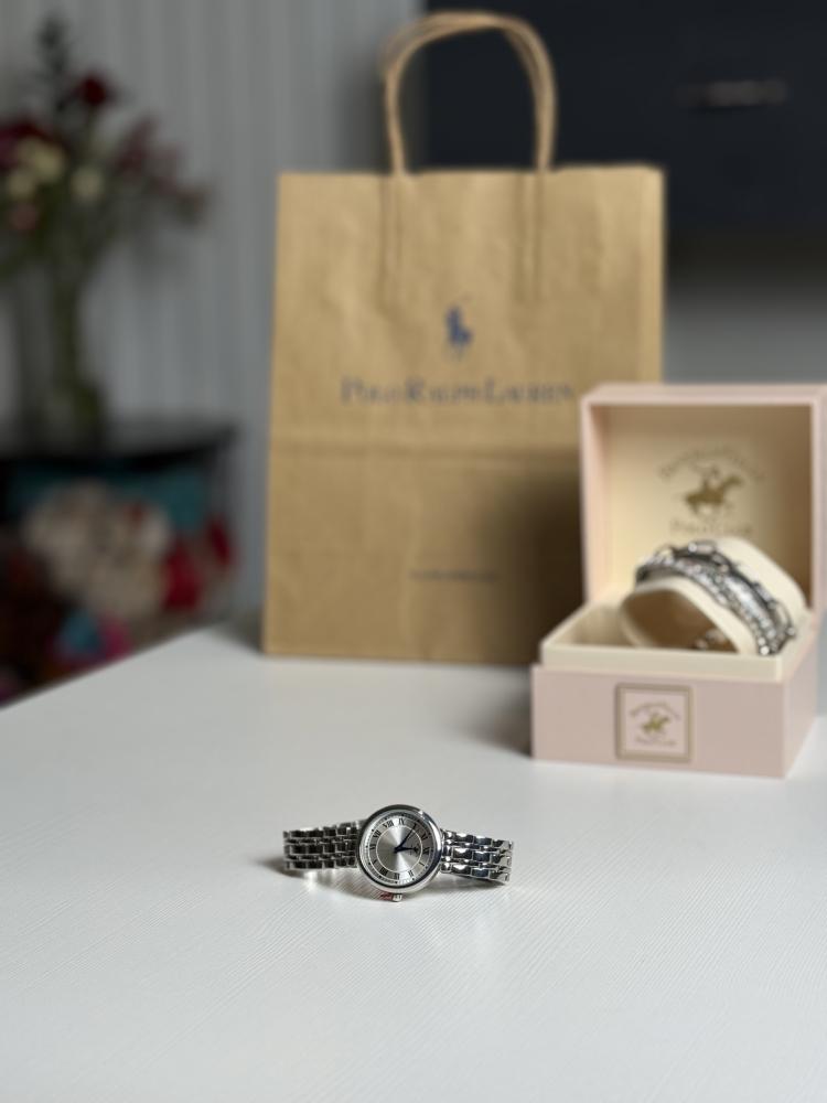طقم ساعة بولو مع اساور وساعه فضي polo watch set silver bracelets