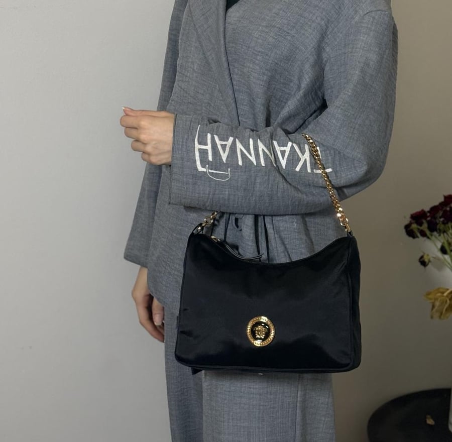 شنطة فيرزاتشي ميديم كتف باللون اسود Nylon Tribute Chain Crossbody Shoulder Bag