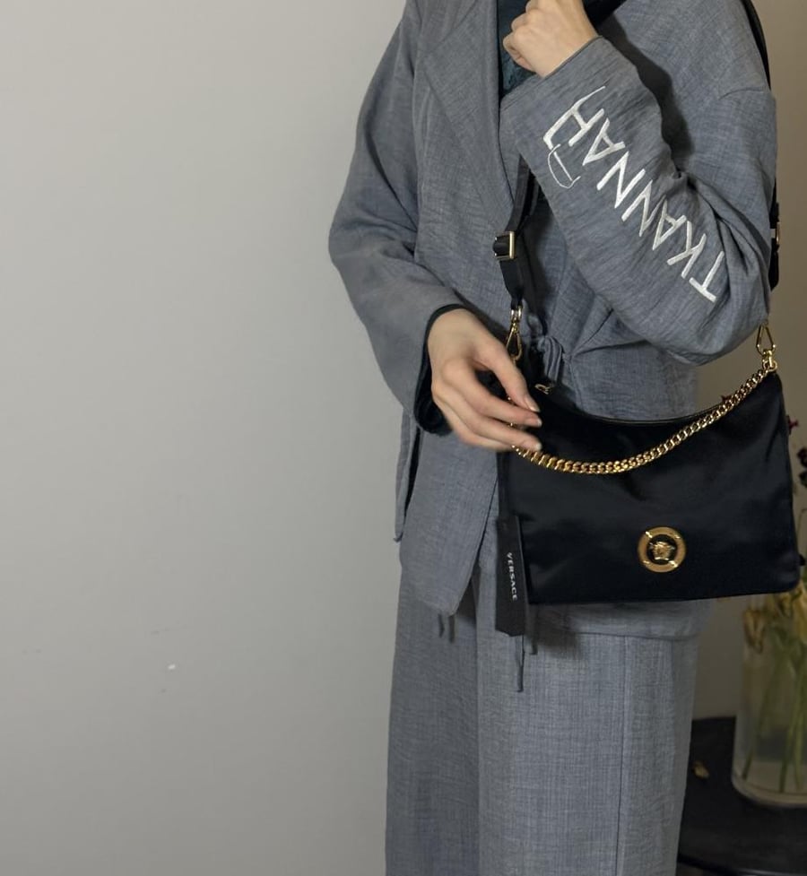 شنطة فيرزاتشي ميديم كتف باللون اسود Nylon Tribute Chain Crossbody Shoulder Bag