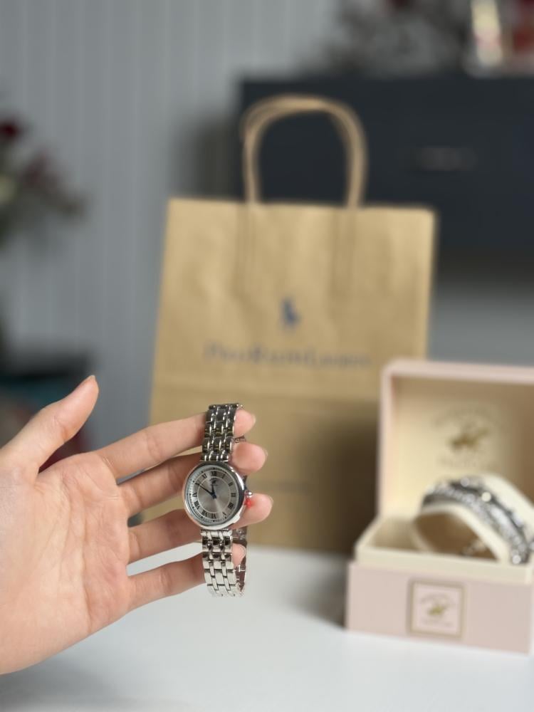 طقم ساعة بولو مع اساور وساعه فضي polo watch set silver bracelets