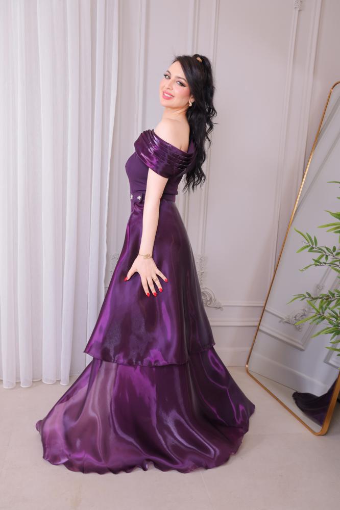 فستان سهرة موف مع قطعة ستان