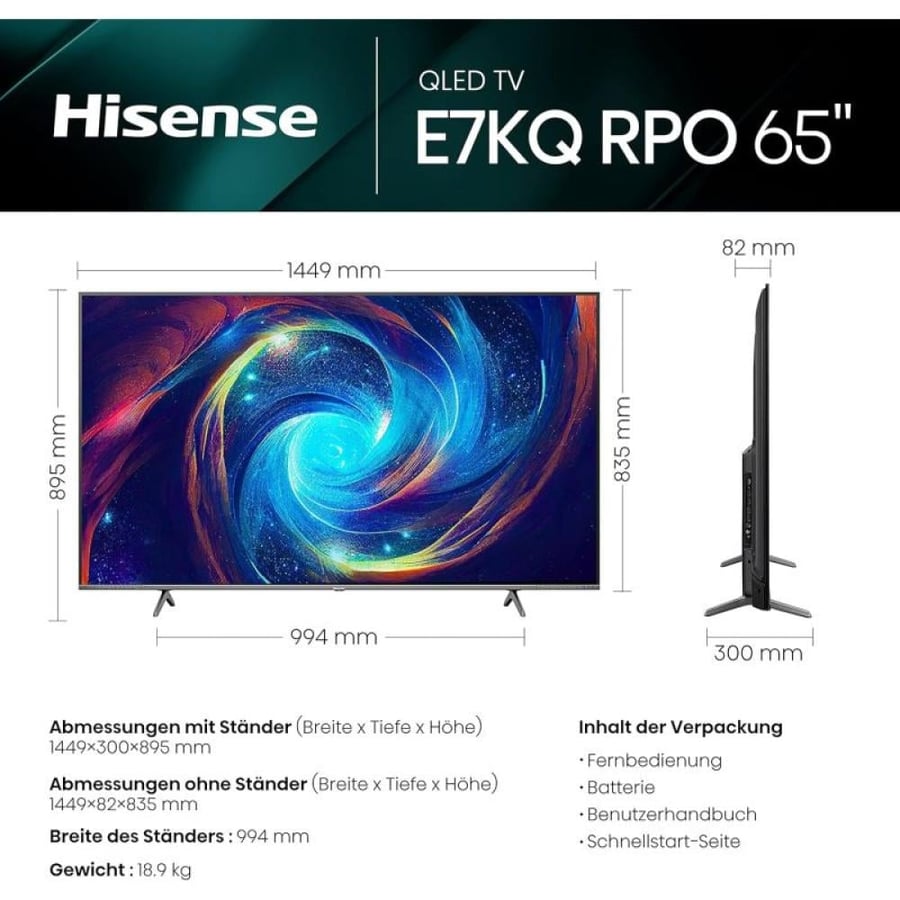 هايسنس شاشة سمارت - 65 بوصة - 4K QLED - موديل 65E7KQ
