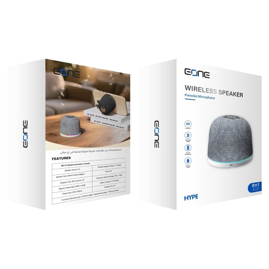 سبيكر بلوتوث لاسلكي EONE HYPE مع مايك كاريوكي مدمج وإضاءة ملونة 2 في 1