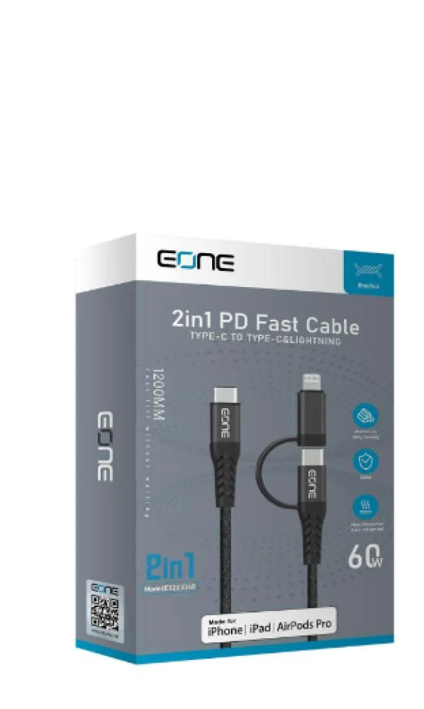 كيبل شحن سريع 2 في 1 من EONE – Type-C إلى Type-C & Lightning بقدرة 60W