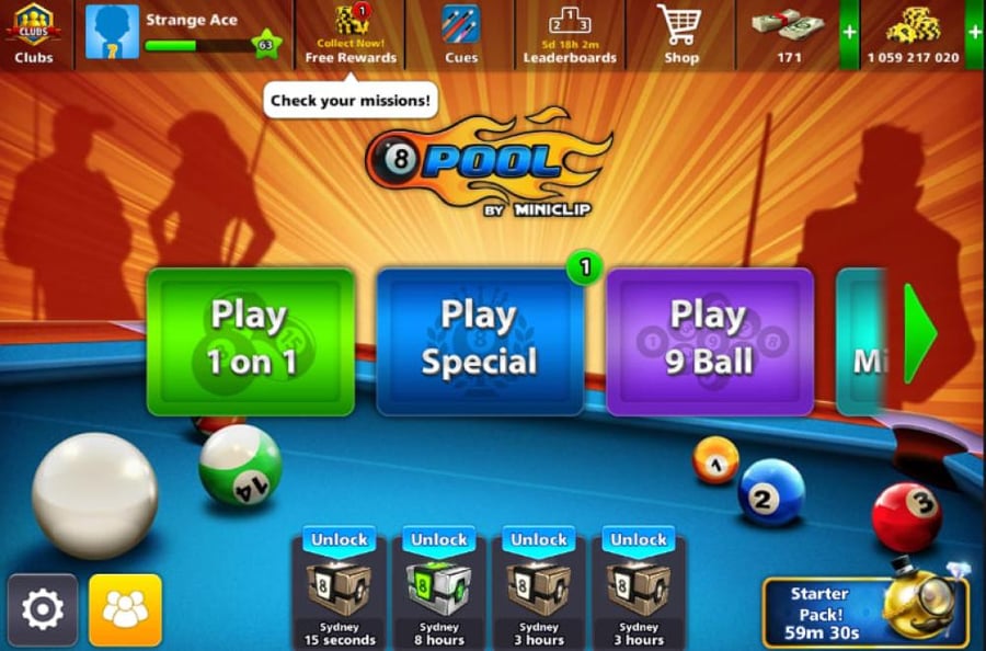 حساب 8ball pool ا + 1 مليار  , لفل 63 , سكنات عصاا
