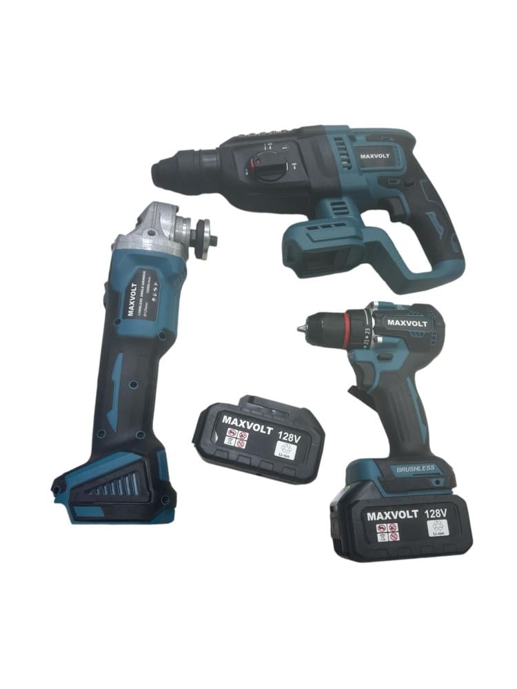 مجموعة 3 قطع بطاريتين 128V ( دريل +ادريل هلتي دقاق+ قراندر 4.5 انش ) ماركة MAXVOLT الصناعة الصين ضمان تشغيل