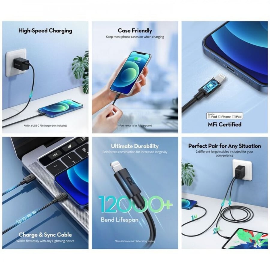 RAVPOWER 2-Pack USB Cable with Type-C to Lightning Connector - اسود