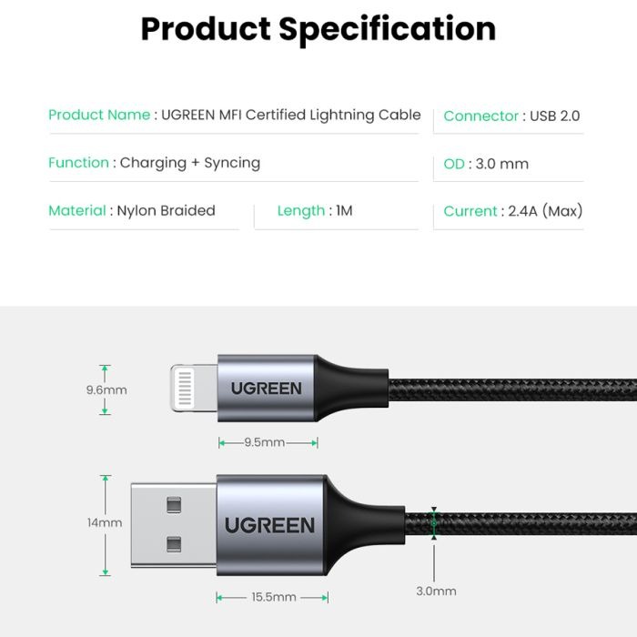 سلك شاحن يوجرين نايلون مظفر USB إلى آيفون بطول 1 م - أسود