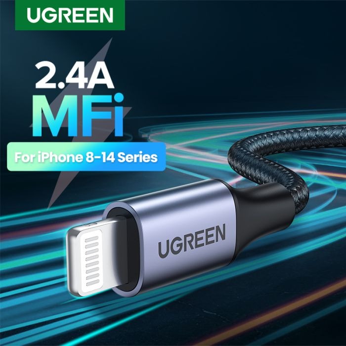 سلك شاحن يوجرين نايلون مظفر USB إلى آيفون بطول 1 م - أسود