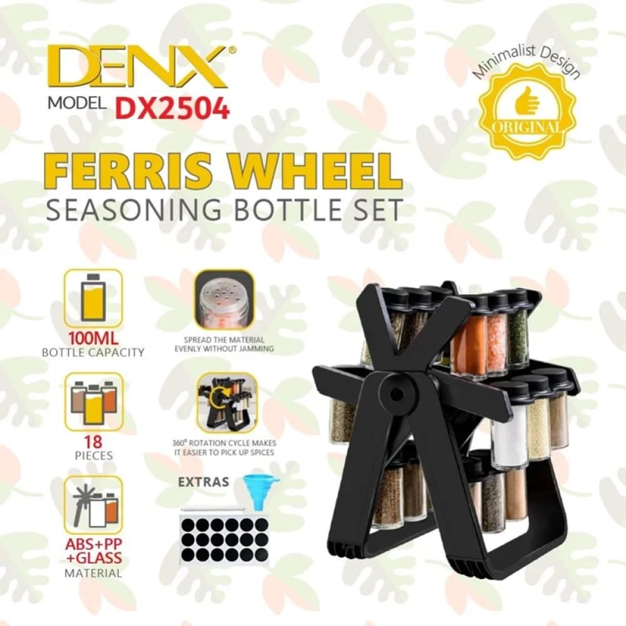 منظم التوابل الدوار "فيريس ويل" من DENX - طقم 18 علبة زجاجية بتصميم عصري - موديل DX2504