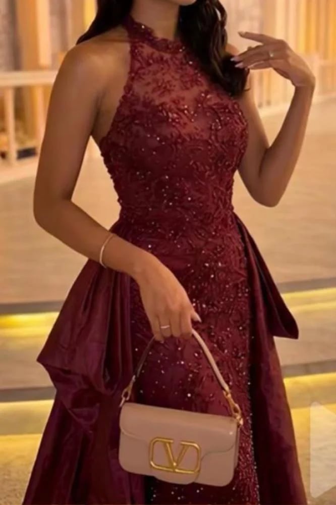 فستان سهرة مشغول لون عودي