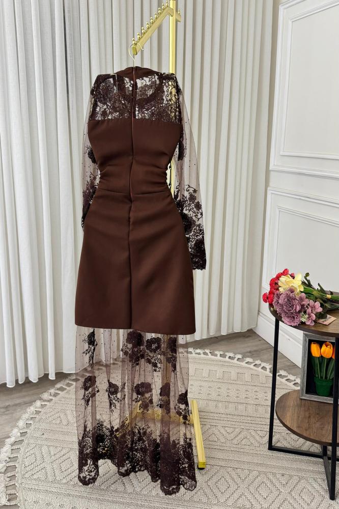 Evening dress with long sleeves, brown color