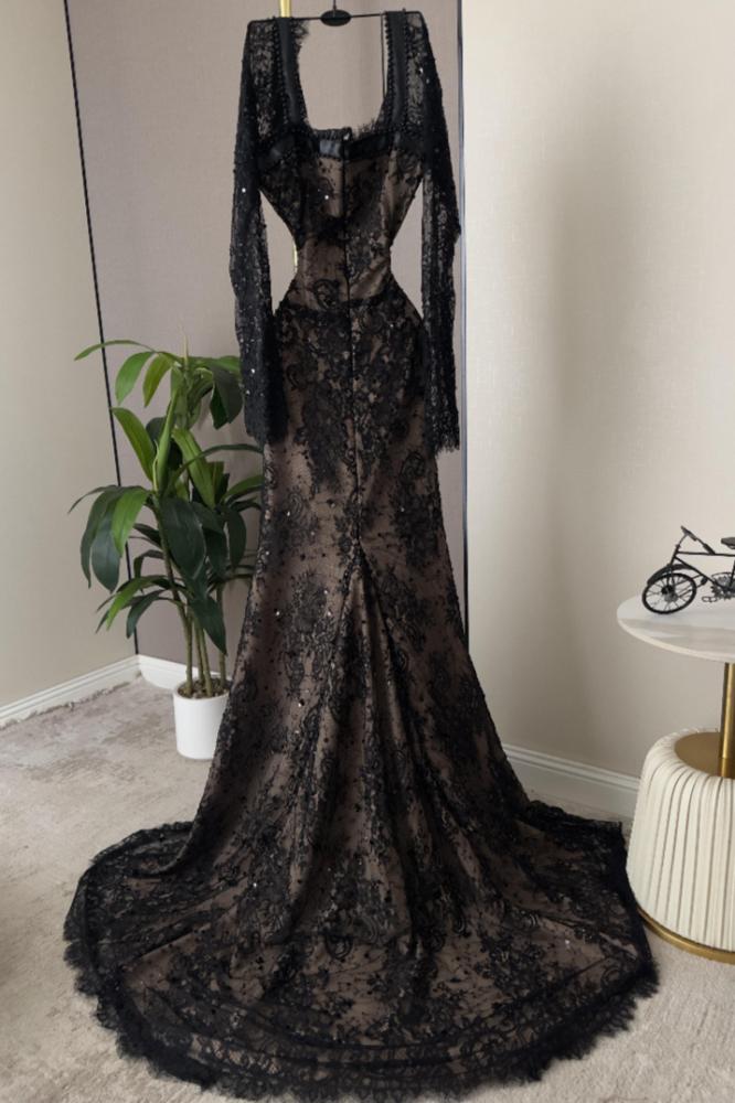 فستان سهرة بأكمام لون اسود فخم