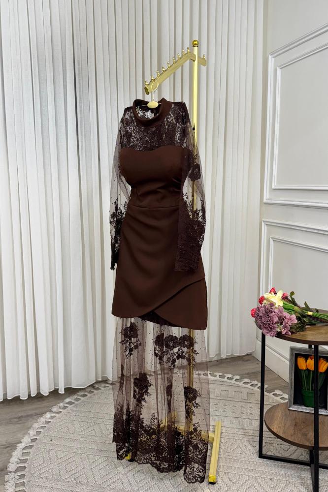 Evening dress with long sleeves, brown color