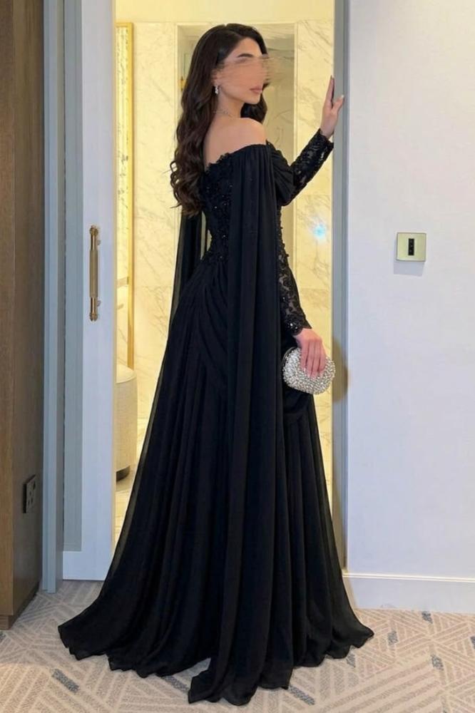 فستان سهرة أسود أوف شولدر بالدانتيل والدرابيه