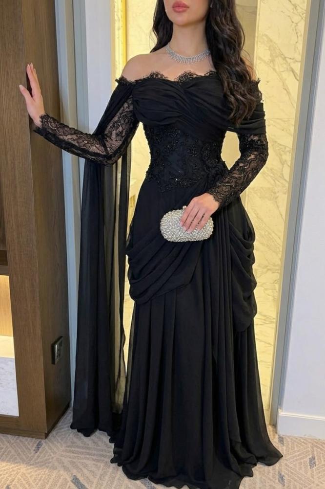 فستان سهرة أسود أوف شولدر بالدانتيل والدرابيه