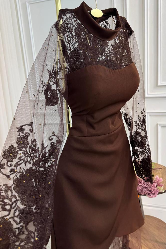 Evening dress with long sleeves, brown color