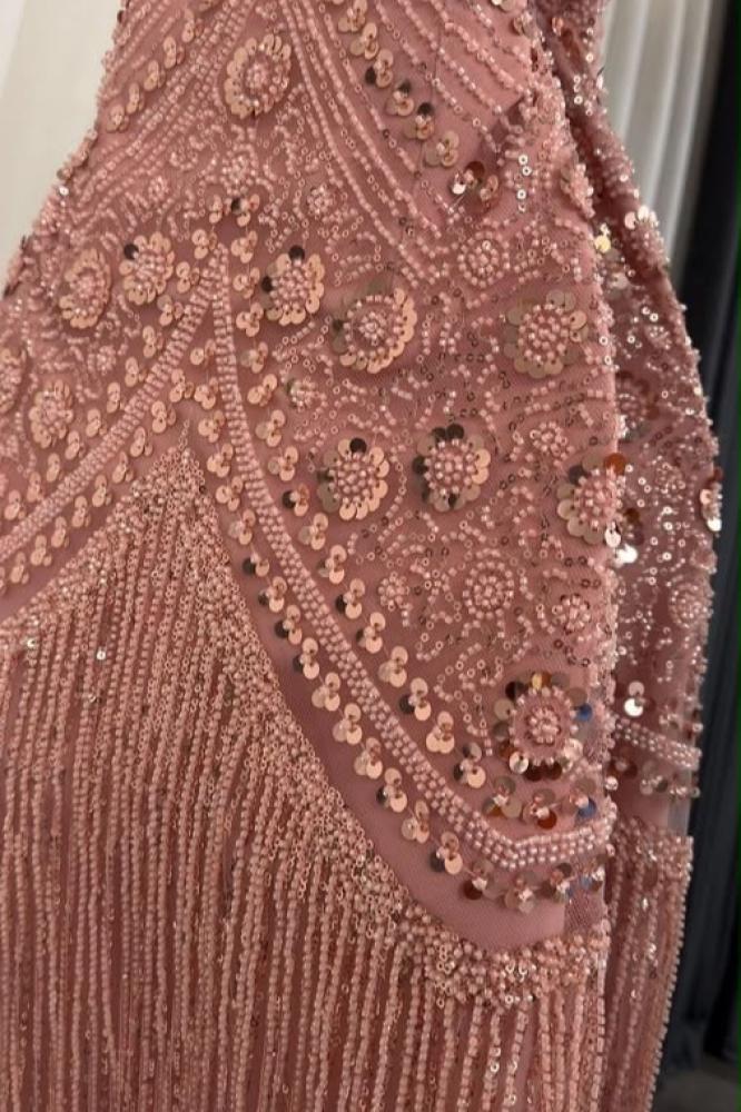 فستان سهرة روز غباري بالخرز والشراشيب