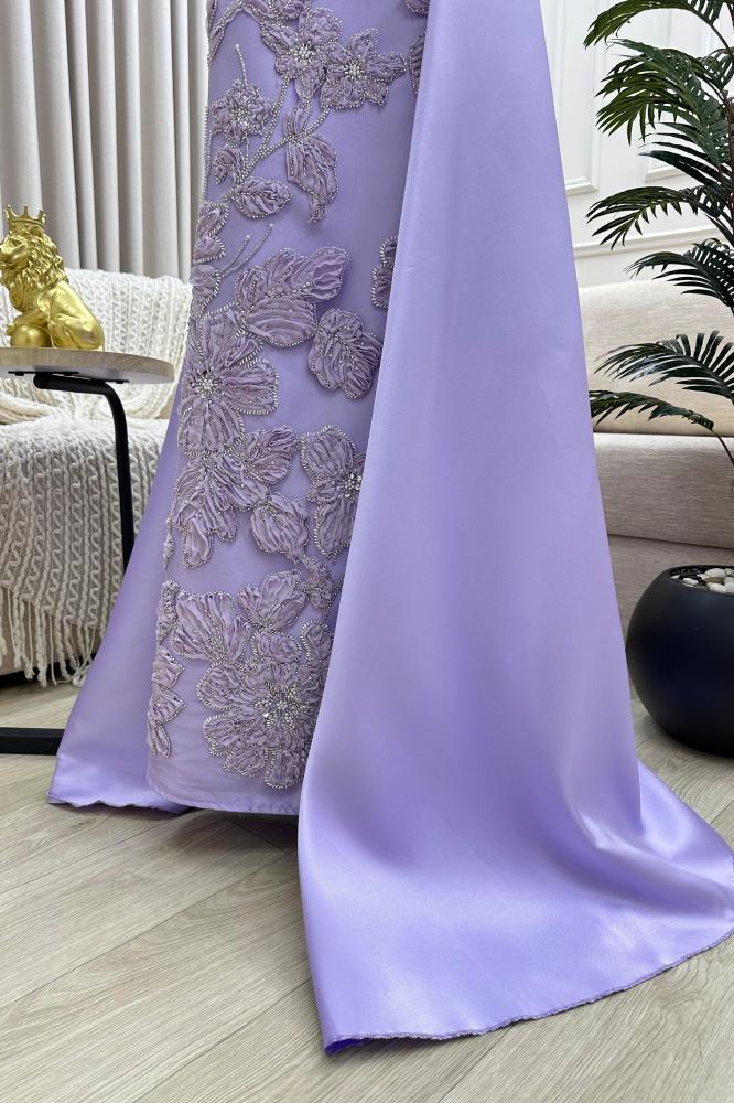 Evening dress off shoulder embroidered with flowers light purple color