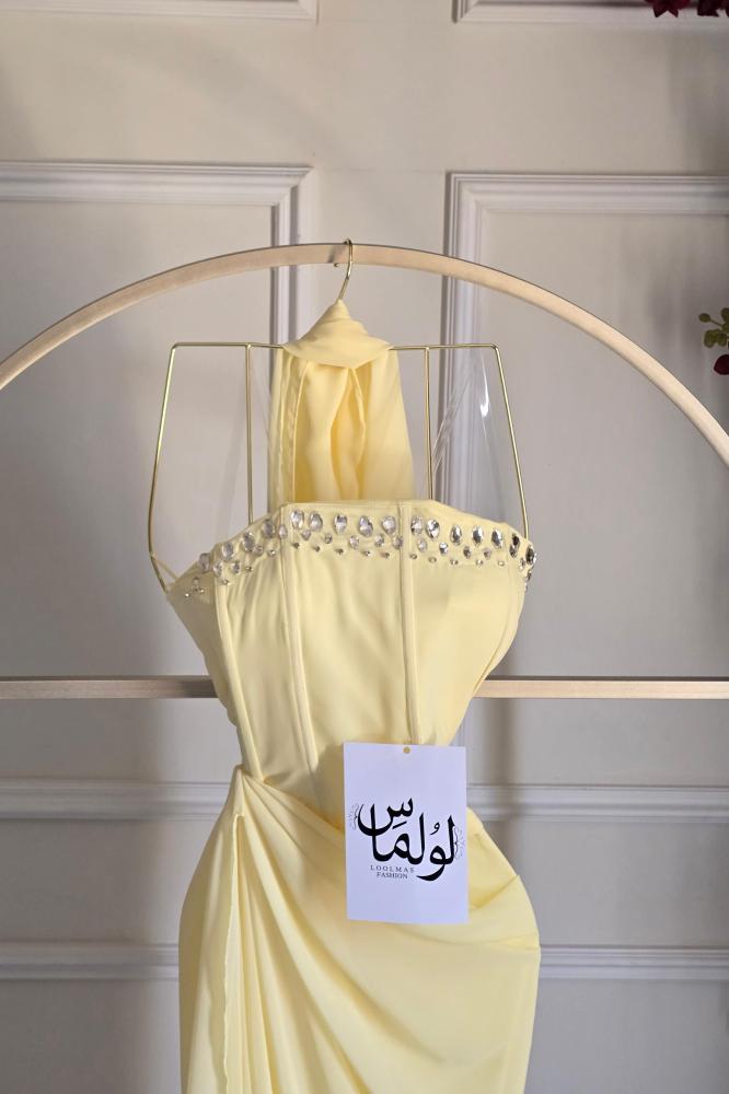 فستان سهره توب بشال خارجي لون أصفر