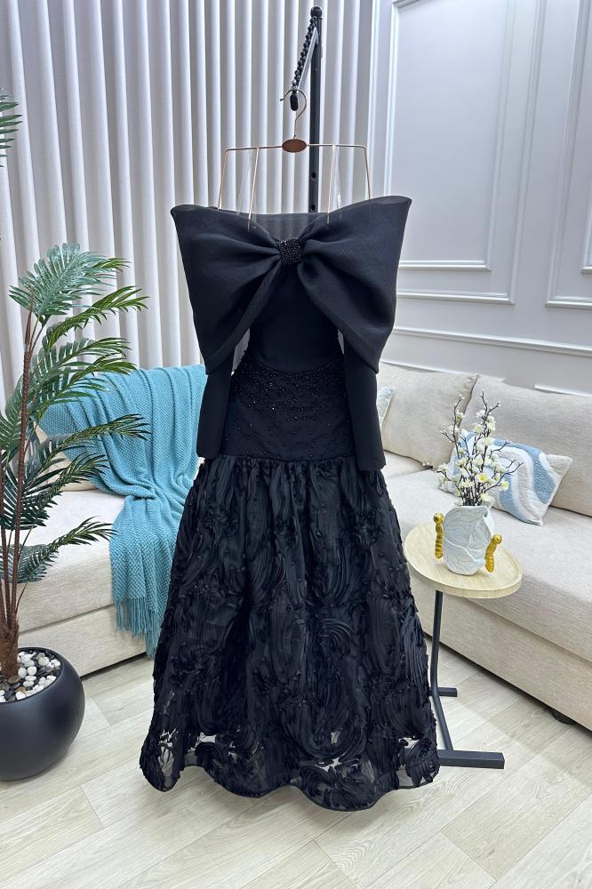 Evening dress off shoulder with long sleeves black color