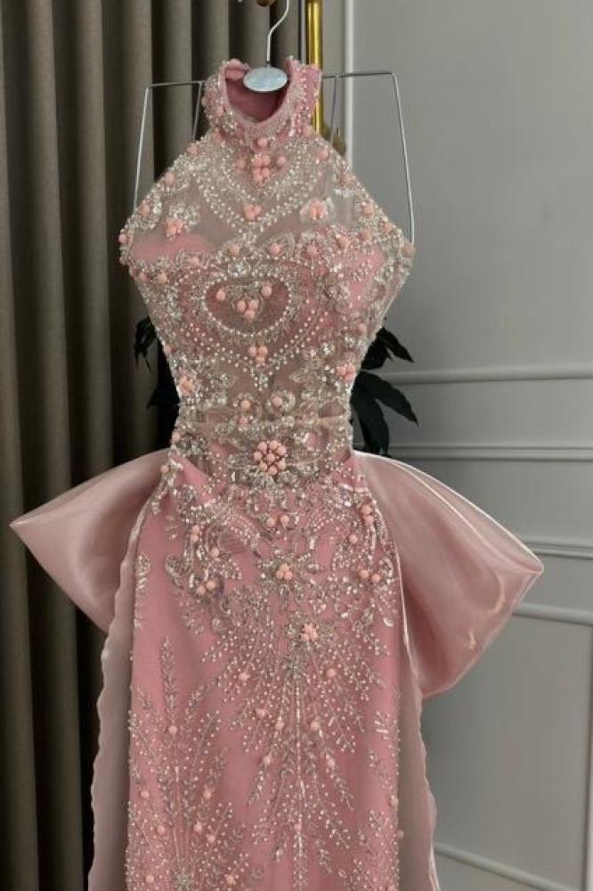 Evening dress embroidered pink color