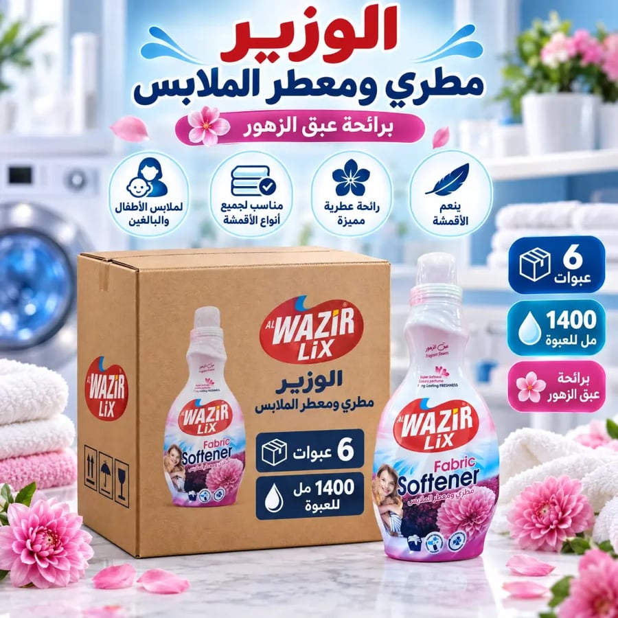 Carton | Al-Wazir | Fabric softener and perfume with the scent of flower fragrance (Rose) - 1400 ml (6 bottles)