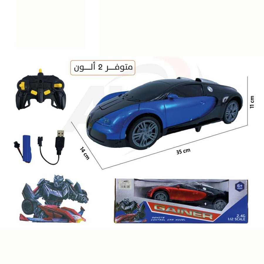 سيارة زرقاء متحولة إلى روبوت بالتحكم عن بعد مع العلبة والملحقات