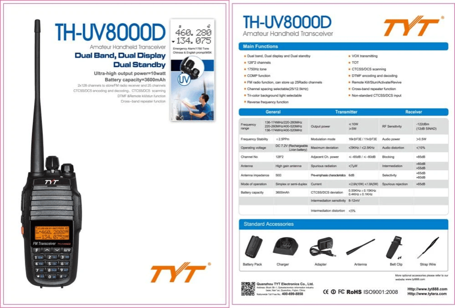 جهاز لاسلكي يدوي TYT UV-8000D ببطارية Type-C – معتمد