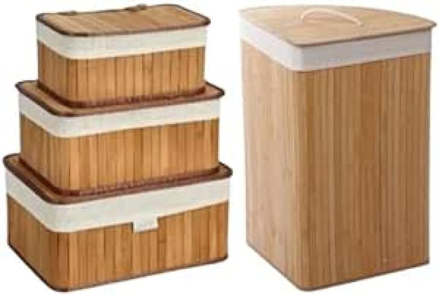Corner Wooden Laundry Basket with Lid 3 Set Storage Basket