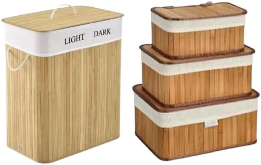 Laundry Basket Bamboo with 2 sections Lid Bamboo Basket Set of 3 Storage Basket