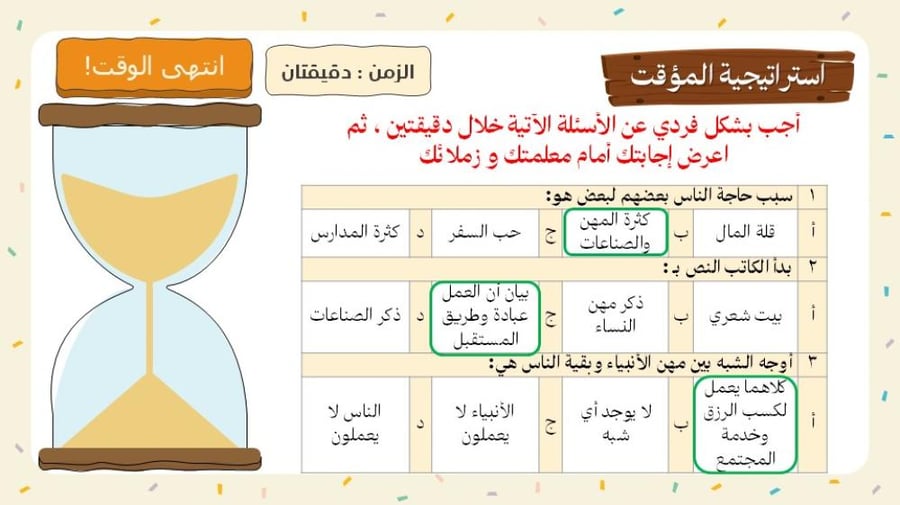 درس للتدريب على اختبار نافس في مجال القراءة للصف الثالث ابتدائي - عنوان النص العمل عبادة