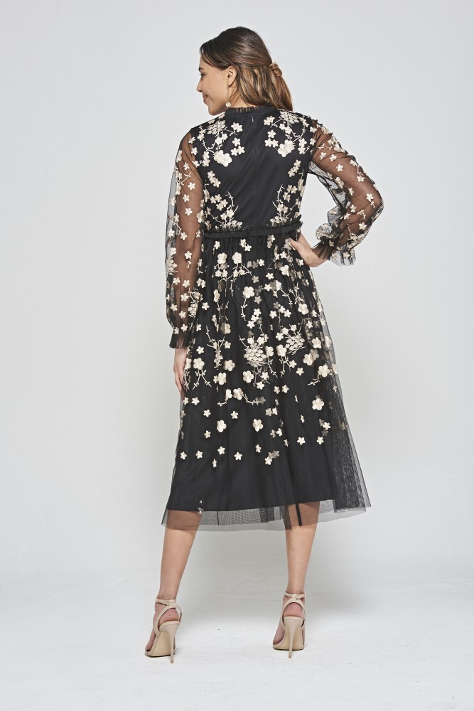 Long-sleeved dress embroidered on mesh fabric