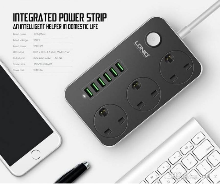 توصيلة كهربائية LDNIO SC3604 2M مقاومة للحريق بثلاثة مقابس و 6 منافذ USB