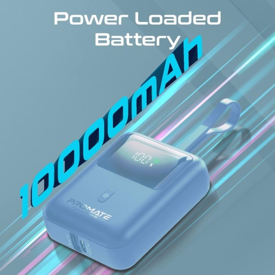 بطارية متنقلة فائقة الصغر بقدرة 35 واط بسعة 10000 مللي أمبير SuperSpeed™ مع كابل USB-C تايب سي و توصيل طاقة PD بقدرة 35 واط مع كابل USB-C مدمج ومدخل/مخرج USB-C و شاشة بطارية LED من Promate PowerPod-10