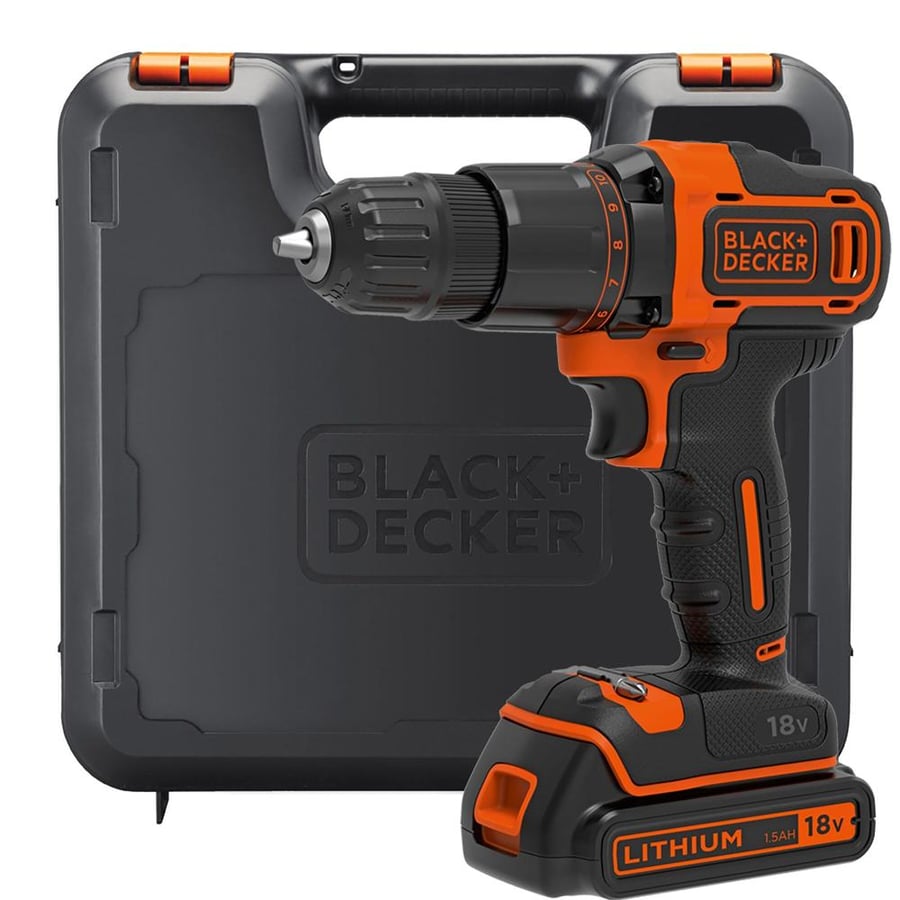 Black & Decker 18V Cordless Hammer Drill Kit with 1.5Ah Battery, Tool Box & Accessories – Suitable for Wood, Metal & Concrete, Made in China BCD7154-B5