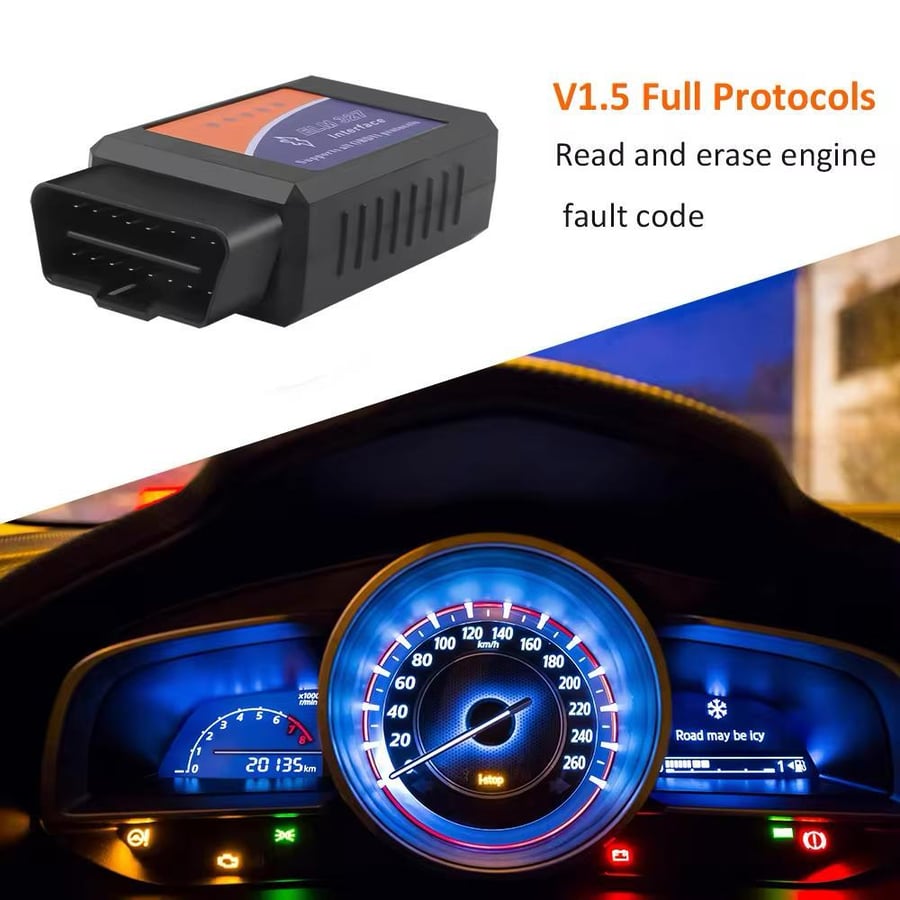 جهاز كشف اعطال السيارات واصلاحها OBD2 ELM327 V1.5 يعمل على البلوتوث - يشبك بفيش الفحص OBD من افضل الأجهزة لكشف الأعطال