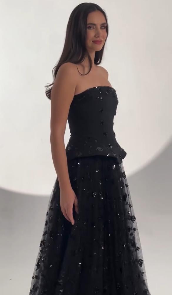 The Fabita evening dress black off-shoulders crepe and tulle