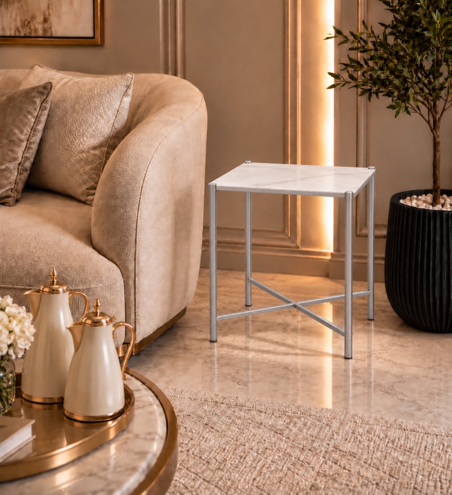 Rectangular serving table with marble-like surface and black iron base