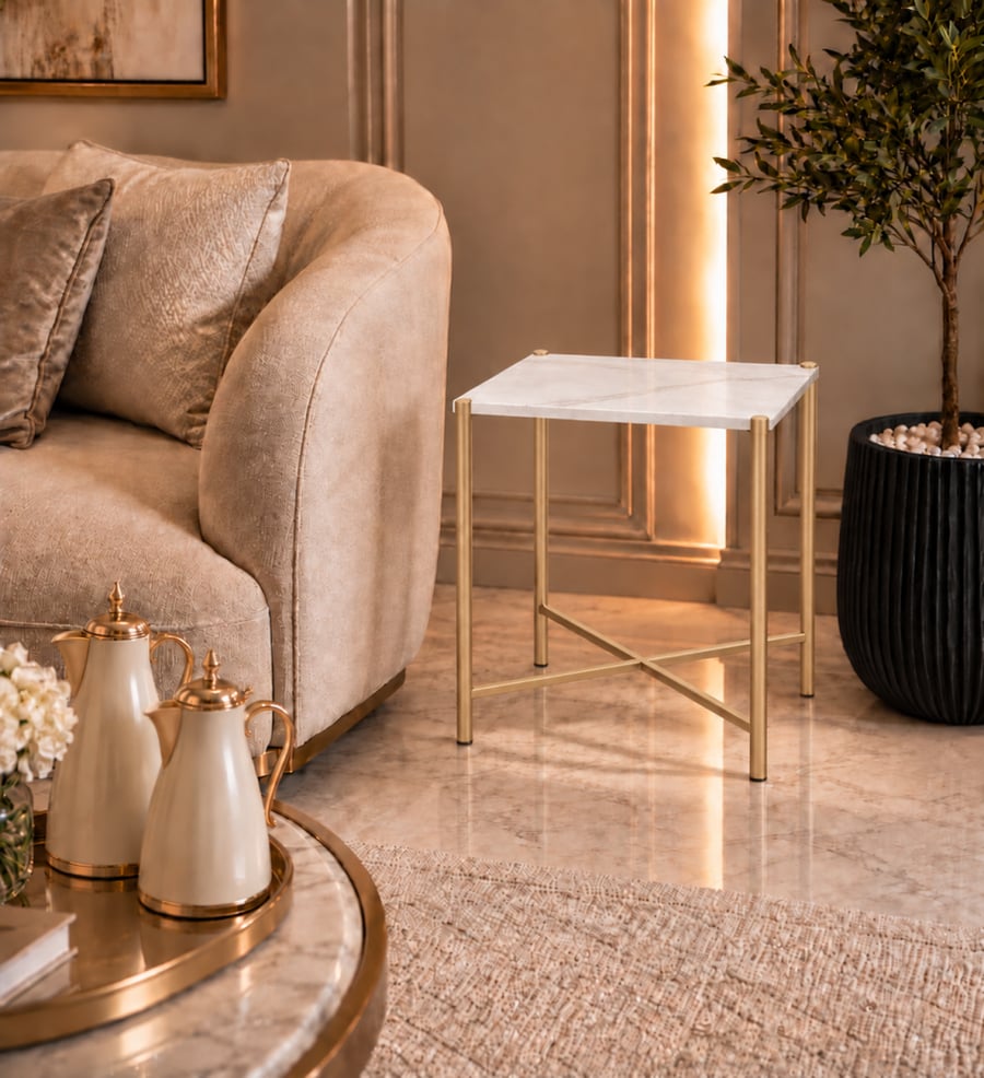 Rectangular serving table with marble-like surface and black iron base