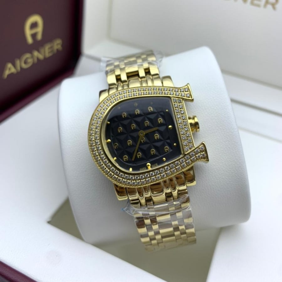 Agnar brand watch, full gold, dark dial, gemstones