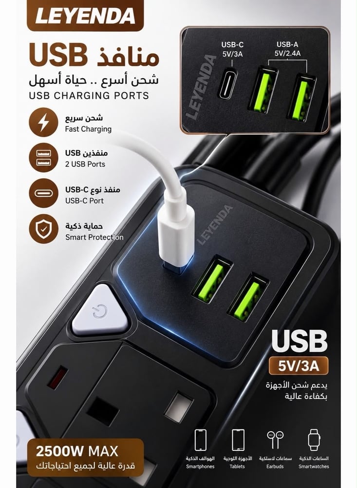 ليندا توصيلة كهرباء 5 مخارج مع 2 USB و منفذ Type C - ليستة كهرباء متعددة المقابس بطول 3 متر - مقبس كهربائي منزلي ومكتبي بقدرة تحمل 2500 واط - مفاتيح تشغيل مستقلة لكل مخرج -اسود