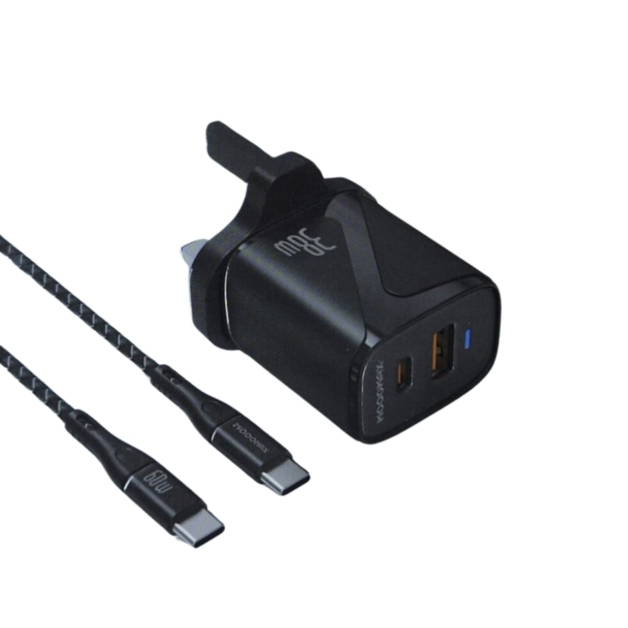 شاحن جداري منفذ PD + منفذ USB مع كيبل بقوة 38W لون اسود م/MX1 ماركة موج ماكس