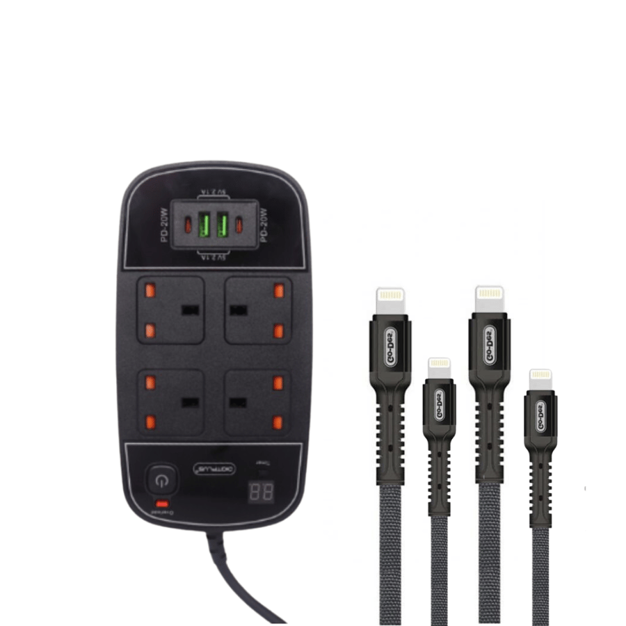 بكج توصيلة كهربائية من Power Soket  أصلية 4 منافذ , 2منفذ usb تدعم خاصية الشحن السريع + 4 كايبل من اختيارك
