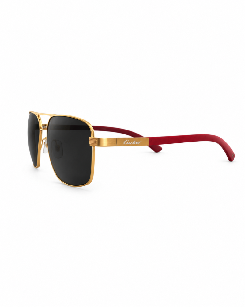 نظارة شمسية رجالية كارتييه إطار ذهبي وأذرع عنابي | Cartier Men's Gold Frame Sunglasses