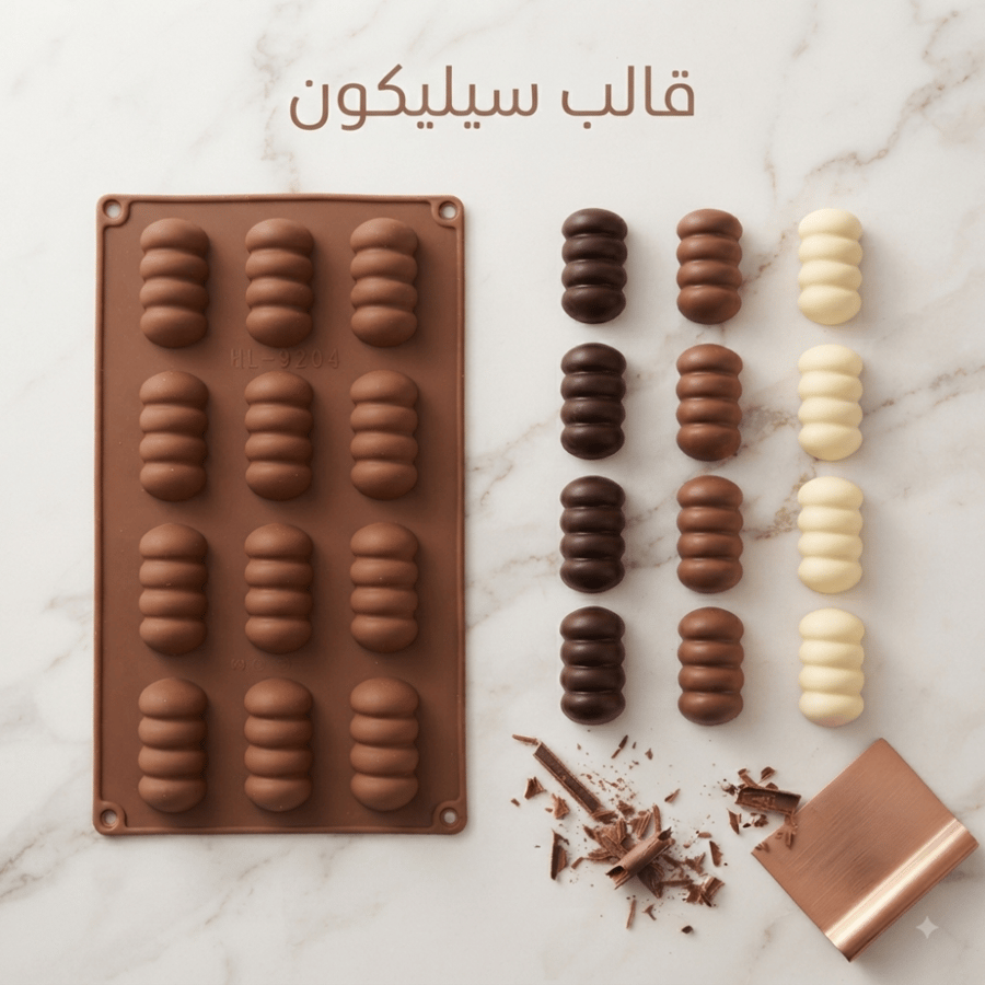 قالب سيليكون اسطواني 12 تجويف المقاسات الطول 5.5 سم العرض 2.5 العمق 1.7 سم .