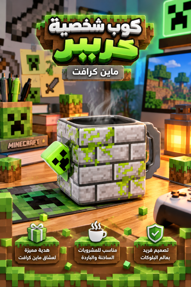 كوب شخصية كريبر ثلاثي الأبعاد بتصميم البلوكات من ماين كرافت